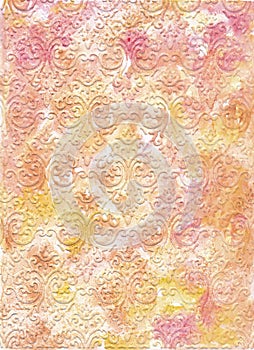 Hand-painted watercolour Abstract Paint Splashes in Orange and Crimson on Embossed Paper with a Damask Pattern