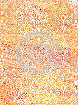 Hand-painted watercolour Abstract Paint Splashes in Orange and Crimson on Embossed Paper with a Damask Pattern