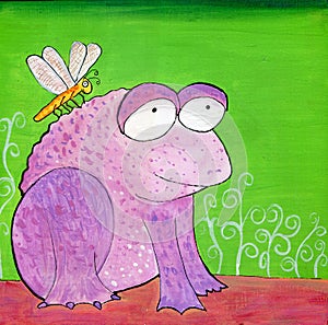 Hand Painted Weird Purple Frog and Dragonfly Illustration