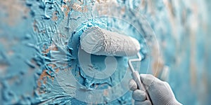 hand painter with painting roller paints blue wall white paint close-up