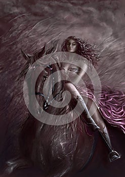 Hand painting digital art with horsewoman in night. Horseback rider girl and horse in motion.