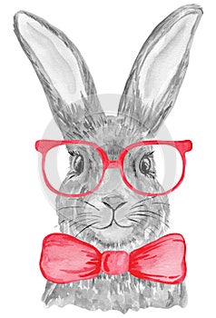 Hand painting grey bunny in glasses and hat illustration. Watercolor rabbit isolated on white background.