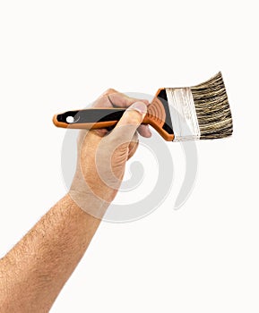 Hand painting on isolated white background, interior painter on white background, professional brush, small repairs