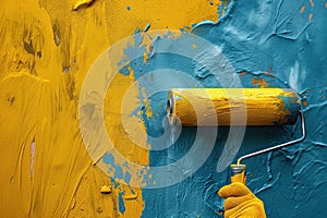 hand with painting roller paints blue wall yellow color close-up