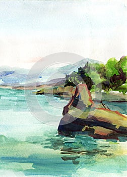 Hand painting Watercolor illustration of  colorful rocks, aquamarine sea, green tree, blue sky background.