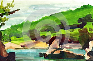 Hand painting watercolor illustration of colorful rocks, aquamarine sea, green tree, mountain with blue sky background.