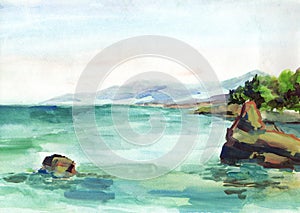 Hand painting Watercolor illustration of colorful rocks, aquamarine sea, green tree, mountans blue sky background