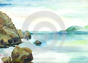 Hand painting Watercolor illustration of  colorful rocks, aquamarine sea, green tree, mountans blue sky background.