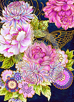 Hand painting watercolor illustration inspired by asain chinese Korean and Japan kimono Chrysanthemum peonies flower abstract blos
