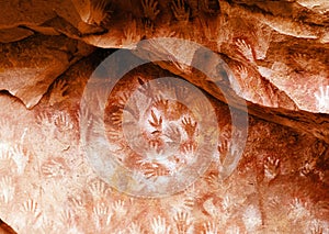 hand paintings at the Cave of Hands (Spanish: Cueva de Las Manos ) in Santa Cruz Province, Patagonia, Argentina. The