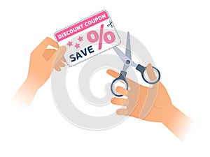 Hand with pair of scissors cuts out a discount coupon.