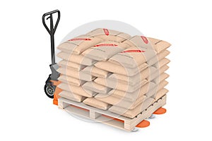 Hand Pallet Truck Jack with Stack of Paper Sacks Cement Bags. 3d Rendering