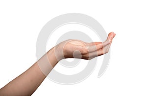 Hand palm, cup shape, showing gesture, holding something, empty, isolated on white background.