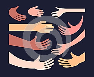 Hand and palm different color skin icon set handshake greetings hugs. Humans hands and arms of different nationalities photo