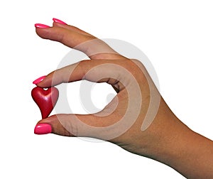 Hand palm, giving red heart as warm-hearted donator. Day of Valentine of love concept. Sign of compassion and healthy. isolated on photo