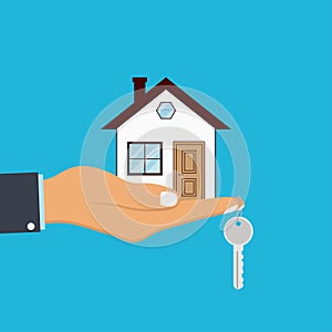 Hand palm holds house and key on finger. Concept for home agent, sale and rent of a house. Vector.