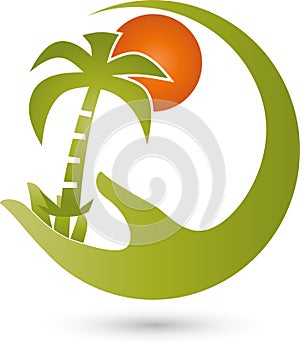Hand, palm and sun, travel and tourism logo