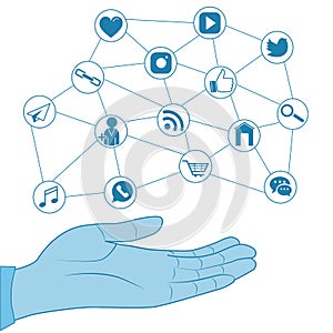 Hand palm up, cloud of internet browsing icons above hand. Internet communications concept. Vector illustration