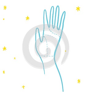 Hand for palmistry with stars in yellow and blue colours in doodles hand drawn style.