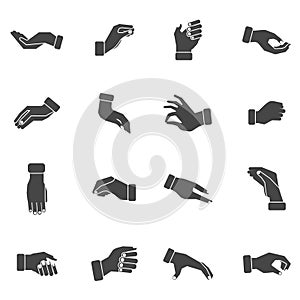 Hand palms grabbing black icons set