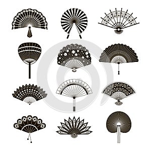 Hand paper fan vector icons. Chinese or japanese beautiful fans isolated. Black and white japanese souvenir fans