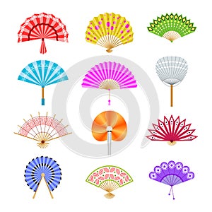 Hand paper fan vector icons. Chinese or japanese beautiful fans isolated. Colorful japanese souvenir fans illustration