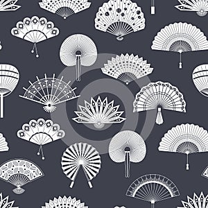 Hand paper fan vector seamless pattern. Chinese or japanese beautiful fans . Black and white asian souvenir fans