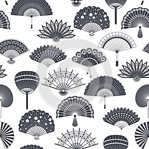 Hand paper fan vector seamless pattern. Chinese or japanese beautiful fans isolated. Black and white asian souvenir fans