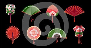 Hand paper fans. Oriental souvenirs. Japanese vintage tradition design. Japan or China pattern object. Handheld cooling