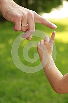 Hand of parent and child in nature