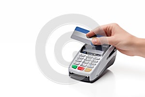 a hand passing a credit card through a contactless payment system on a white background, dataphone, swipe contactless payment,