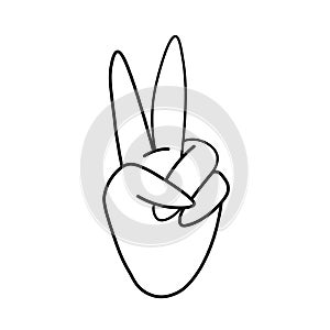 Hand Peace. Korean finger symbol. Victory sign gesture. Two fingers are raised up V. Vector illustration in doodle style isolated