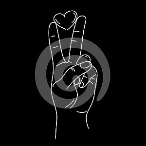 Hand Peace Sign with heart between fingers line art vector illustration on black background.Hand gesture V sign