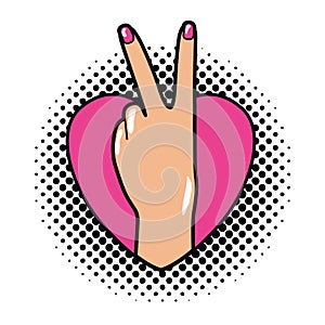 Hand with peace sign and love pop art