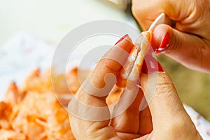 Hand peeling raw fresh shrimp