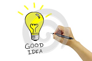 Hand with pen drawing big yellow light bulb with Good idea word