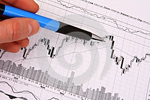 Hand with a pen pointing at financial chart