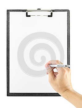 Hand with pen writing on clipboard on white