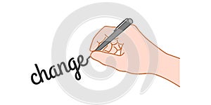 Hand with a pen writing word