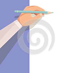 Hand with pencil. man holding pen and writing title. vector template