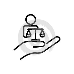 Hand and people line icon with law. law abiding icon. Editable stroke