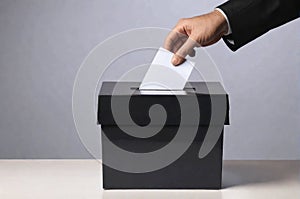 Hand of a person casting a vote into the ballot box during elections.