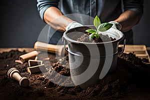 A Hand Of A Person Composting Organic Waste To Fertilise Their Garden -. Generative AI