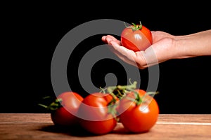 Hand of a person holding ripe red tomato in the air with many fresh tomatoes on brown wooden table