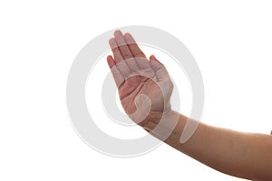 Hand of a person slapping or hitting with palm karate gesture, isolated on white