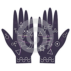 Hand of a philosopher, a palm with a set of symbols and signs from astronomy, astrology. A variety of values of the