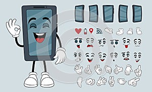 Hand phone characters creation. Mobile mascot constructor kit. Face expressions and arm gestures. Comic smartphone in