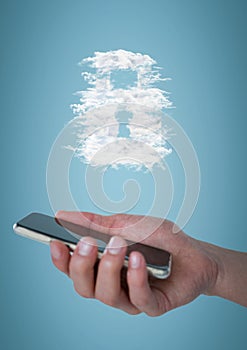 Hand with phone and cloud lock graphic against blue background