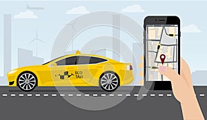 Hand with phone. On the device screen application for ordering a taxi