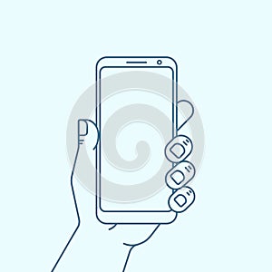 Hand with phone with empty screen. Outline icon smartphone.